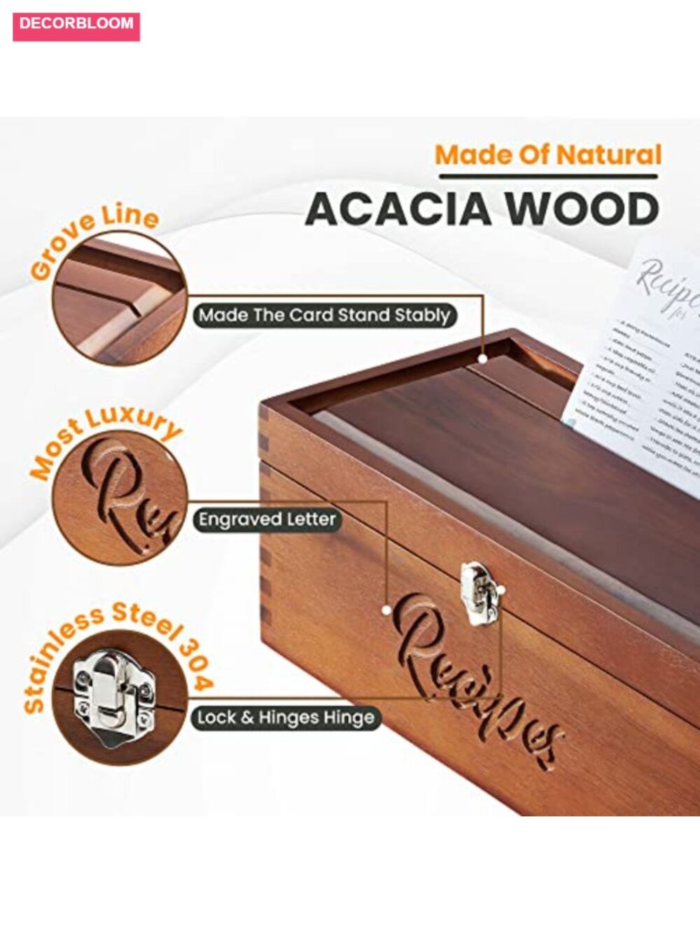 Acacia Wood Large Recipe Box with 100 Cards and 8 Dividers - Picture 3 of 6